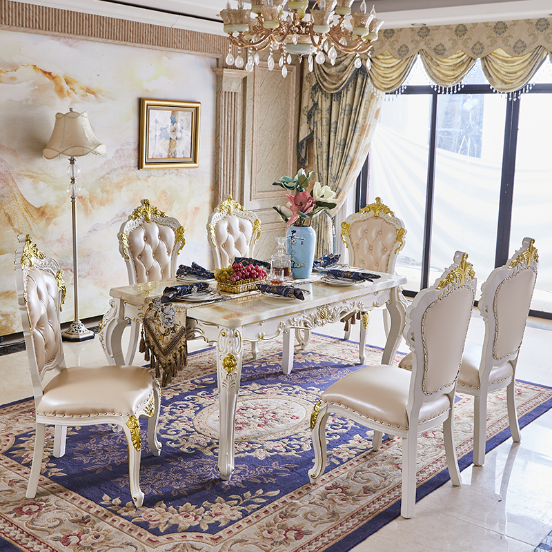 欧式餐桌椅组合实木餐桌椅大理石方桌饭桌奢华雕花餐厅组合家具 推
