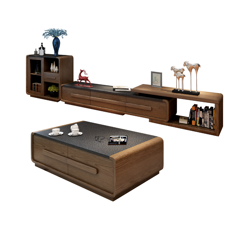 A家家具 火烧石茶几 可伸缩新中式地柜茶几家具组合 茶几(1.3米)