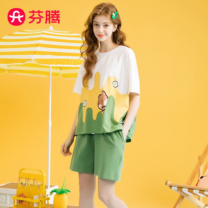 芬腾 睡衣女纯棉2023年夏季新款布朗熊IP趣味圆领套头短袖家居服套装 树绿 L属于什么档次？