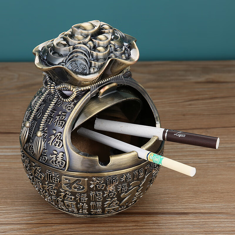 欧式烟灰缸家用客厅创意轻奢办公室卧室茶几ins防飞灰带盖摆件 红铜五福临门