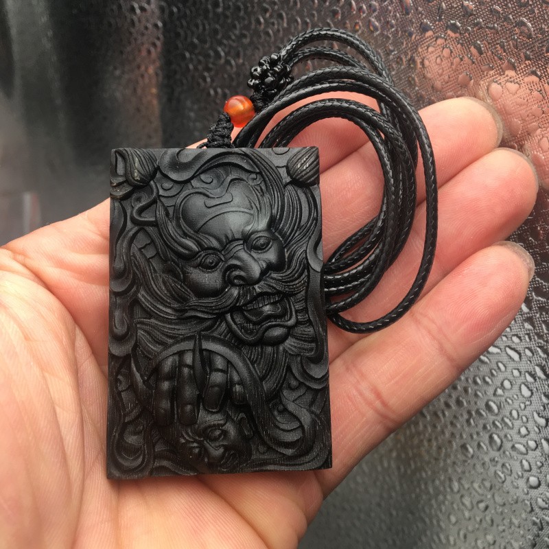古玩收藏古董真品黑驴蹄子雕刻天师钟馗牌子吊坠满鱼子纹似xnj辟 天师