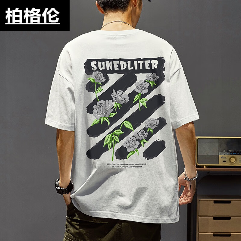 柏格伦背后图案短袖t恤男士重磅230g半袖体恤夏季美式街头后背印花