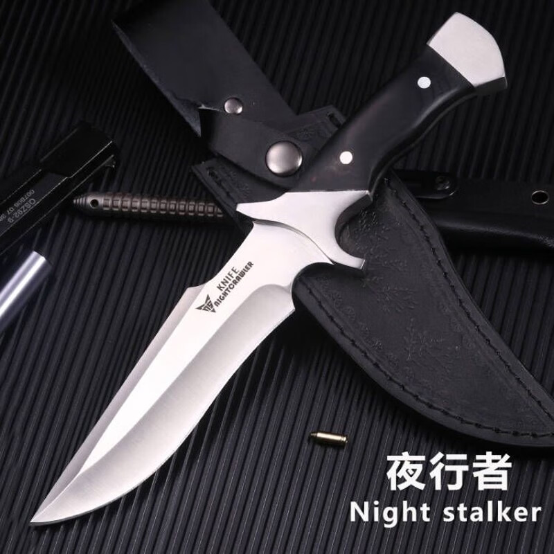 夜行者（Night stalker）随身便携直刀高硬度锋利一体野营刀具登山刀具 黑木柄+黑色皮套