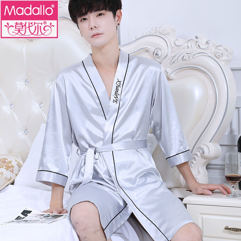 莫代尔夏季男士睡袍冰丝睡衣浴袍仿丝绸薄款家居服短袖新款春秋款大码