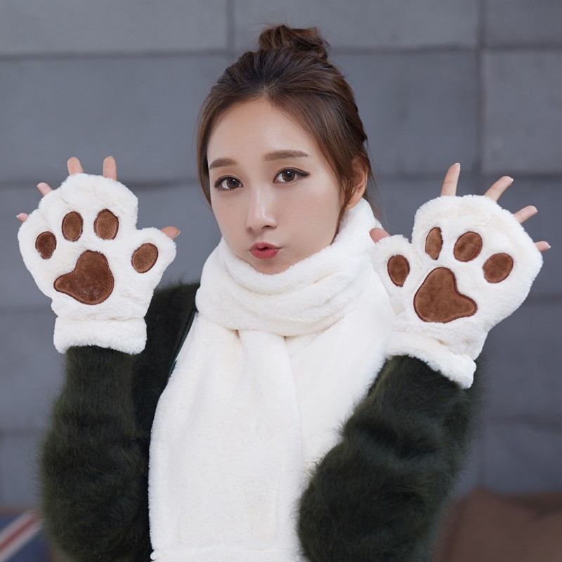 677888猫爪手套女秋冬学生可爱保暖骑行半指电动车骑车防寒防风加绒露指 奶白色 均码使用感如何?