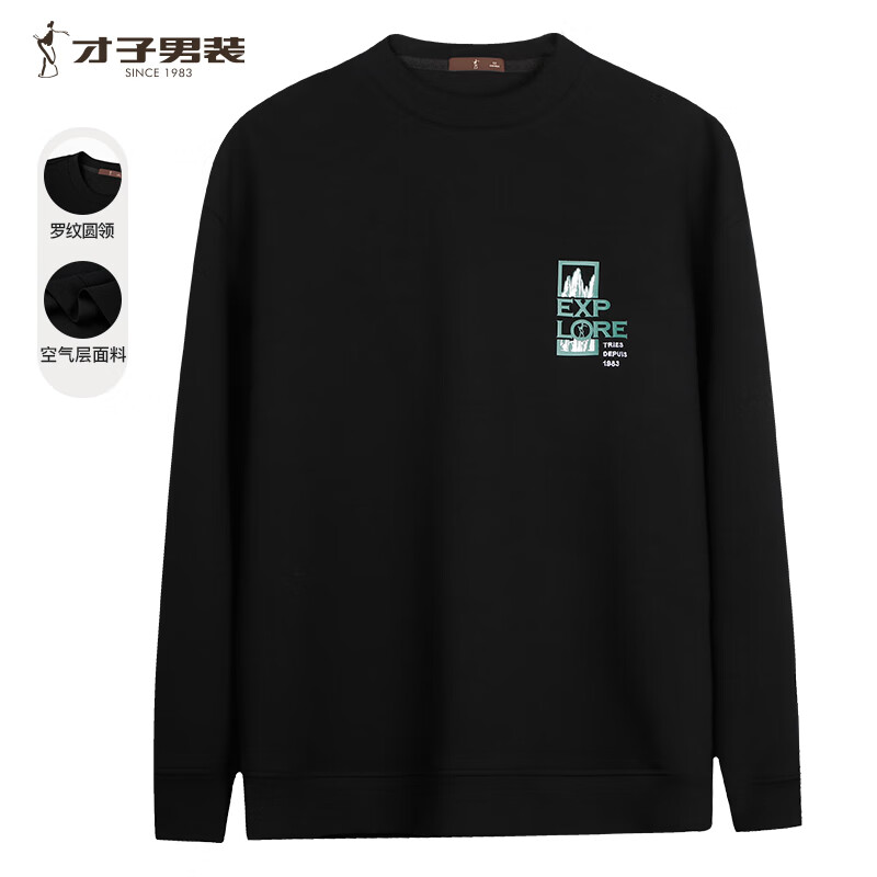 才子（TRIES）卫衣男春秋新款男士保暖高阶圆领套头衫百搭休闲舒适卫衣打底衫 黑色 XL 50(175/92A)