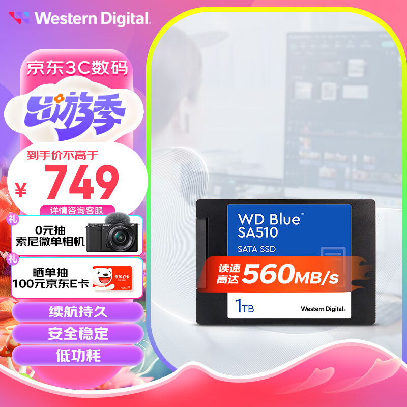 西部数据（WD）1TB 笔记本台式机电脑 SSD固态硬盘 SA510 SATA Blue系列 3D技术 高速读写
