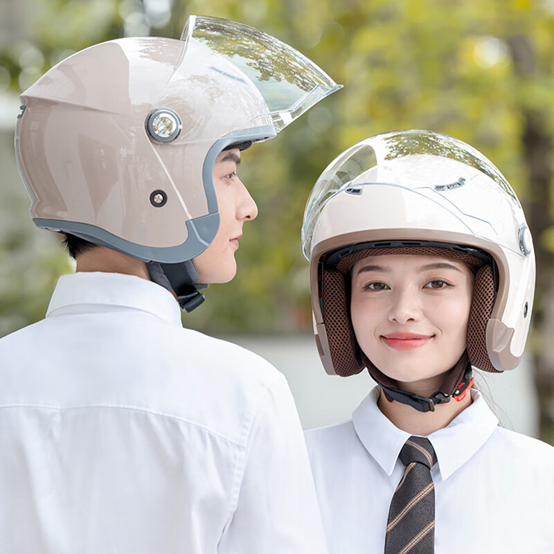 两只小蜜蜂3C认证电动车头盔男女士电瓶摩托车3/4盔冬季防雾四季通用安全帽 3C卡其色【防雾双镜】新国标A 建议女士【头围54-59cm】