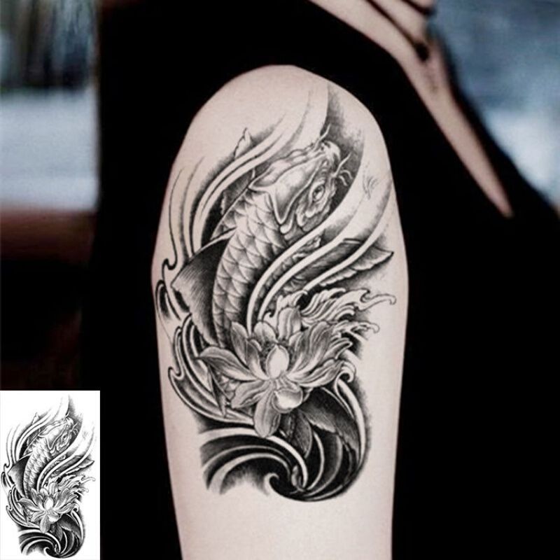 vieruodis鲤鱼防水纹身贴男3d锦鲤莲花浪花海浪发财鱼女包小腿花臂