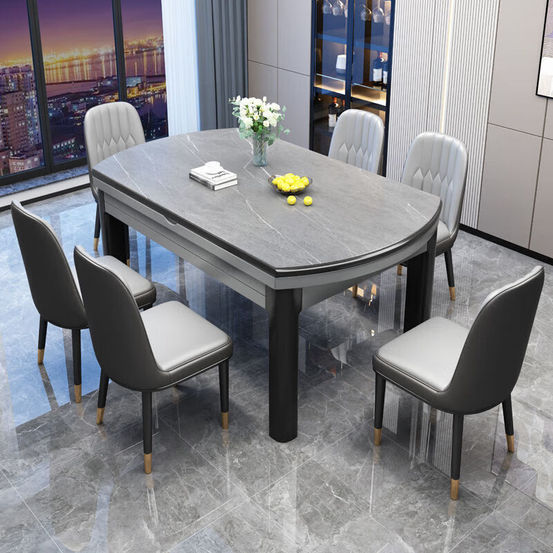 梵森荣2025新款岩板餐桌椅组合意式现代简约伸缩折叠家用小户型实木饭桌 搭配皮椅【加厚12mm岩板】 1.35m  一桌四椅【不带电磁炉】