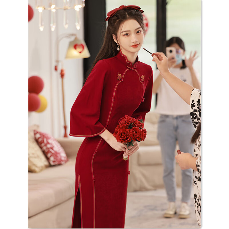 女新娘红装长款倒大袖旗袍2022秋冬新款时尚改良七分袖少女结婚敬酒服