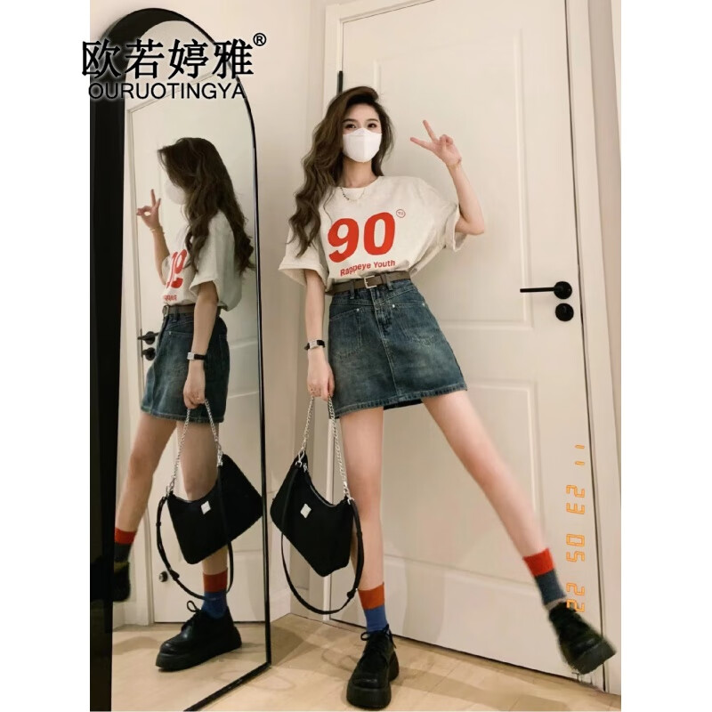 歐若婷雅新款連衣裙女裝套裝鹽系穿搭小個子牛仔裙短款兩件套套裝裙子夏天 套裝 L