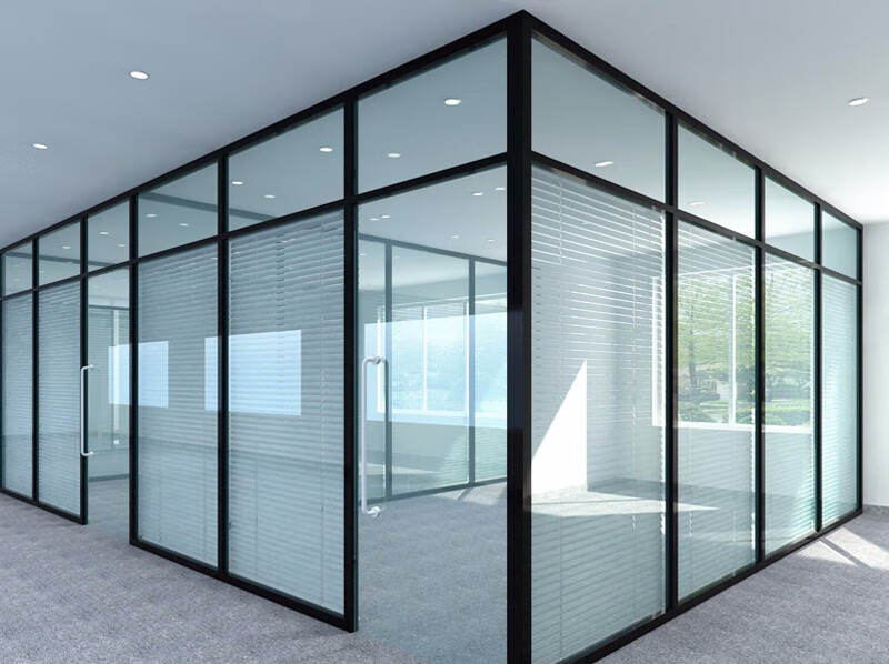 舰行玻璃隔断墙带百叶办公会议室全景铝合金上海双面钢化玻璃门高隔断