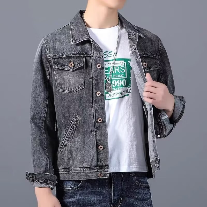 angelgonzales男士高档复古黑灰色牛仔外套男春夏高端潮牌休闲翻领