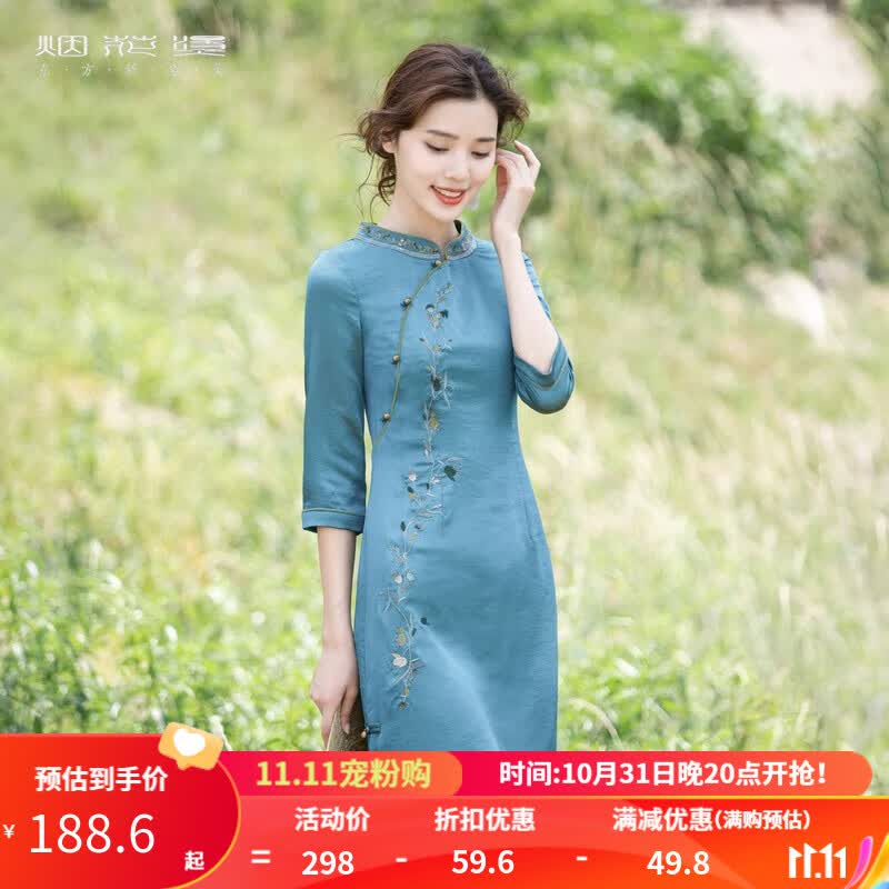 烟花燙修身显瘦新中式连衣裙女2023秋新品中国风复古旗袍裙子ZG 微曼 绿色 XXL怎么样,好用不?