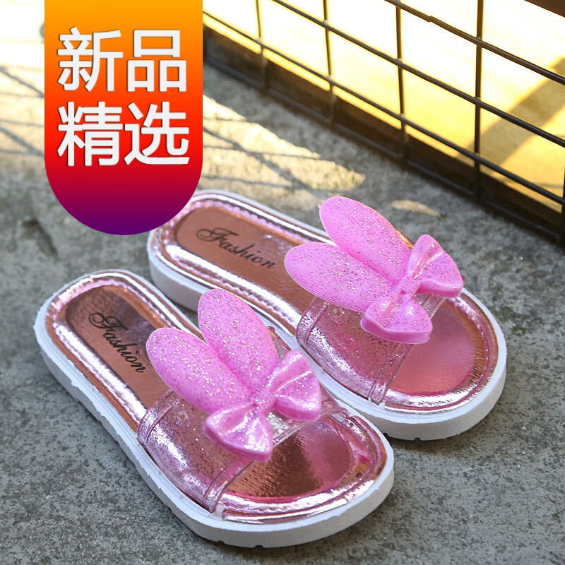 拖鞋女童时尚水钻外穿可爱卡通小公主软底防滑儿童鸟之语 水晶粉兔 28