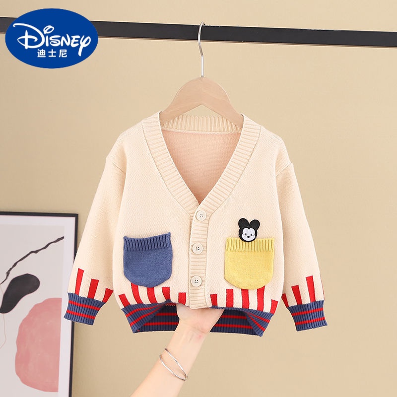 (disney)儿童毛衣开衫男孩小宝宝童装春秋毛衣针织衫春款 米白色口袋