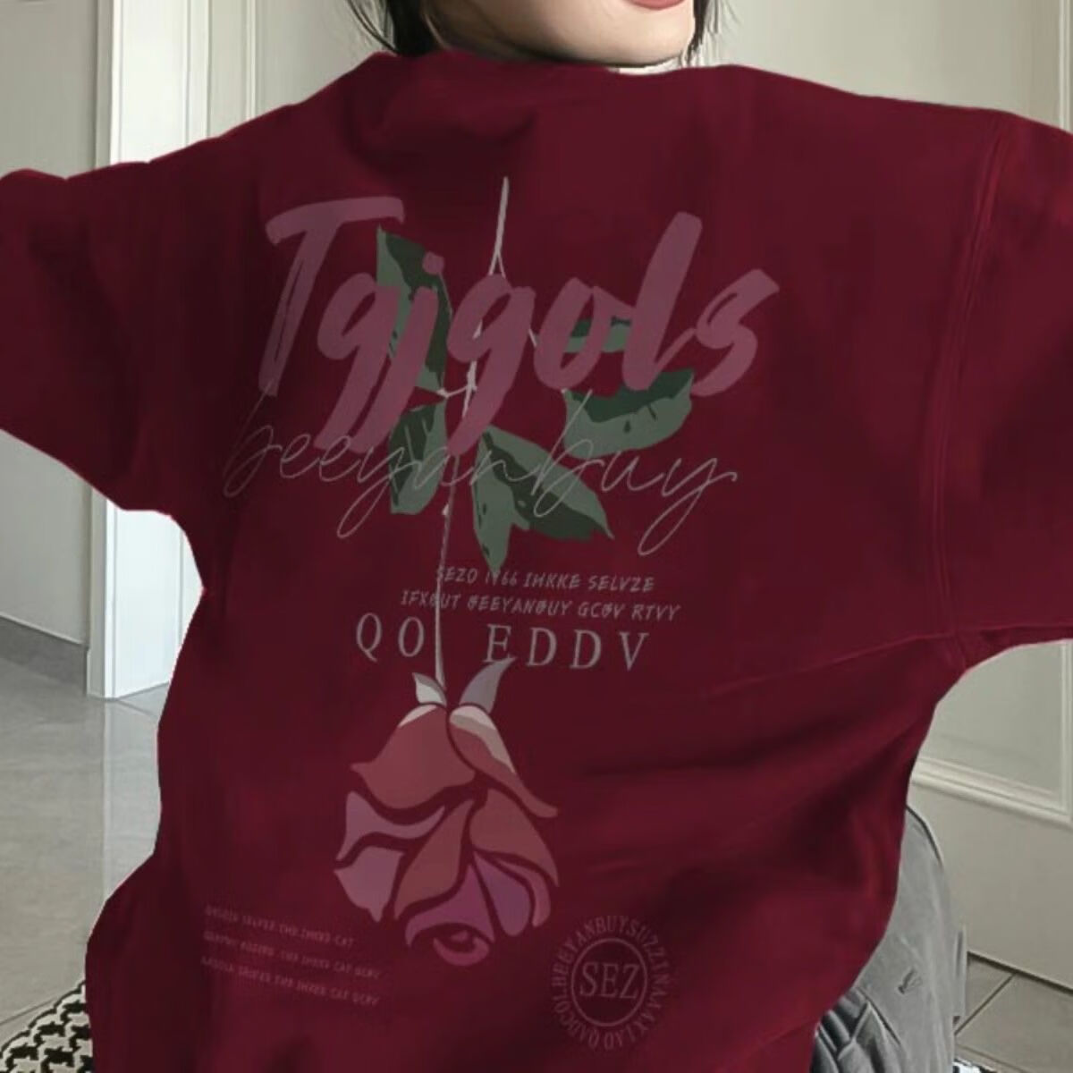 枫潇潇【首单立减】烂番茄色上衣antwant棉圆领卫衣女酒红色感hiphop