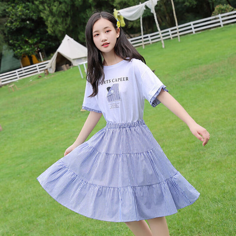 狮莱恩女童连衣裙夏季女收腰裙子女孩短袖大码中长裙初高中学生衣服 s