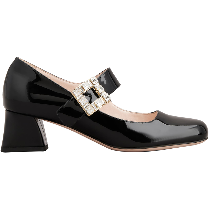 ROGERVIVIER/RV女鞋Tres Vivier鉆扣高跟鞋粗跟一字帶瑪麗珍鞋 黑色 36.5