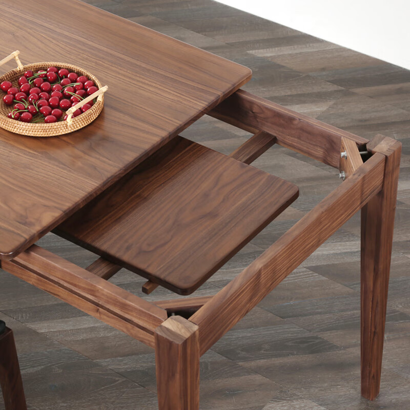 澳颜莱小户型抽拉餐桌 黑胡桃木伸缩餐桌实木长方形加长饭桌北欧家用