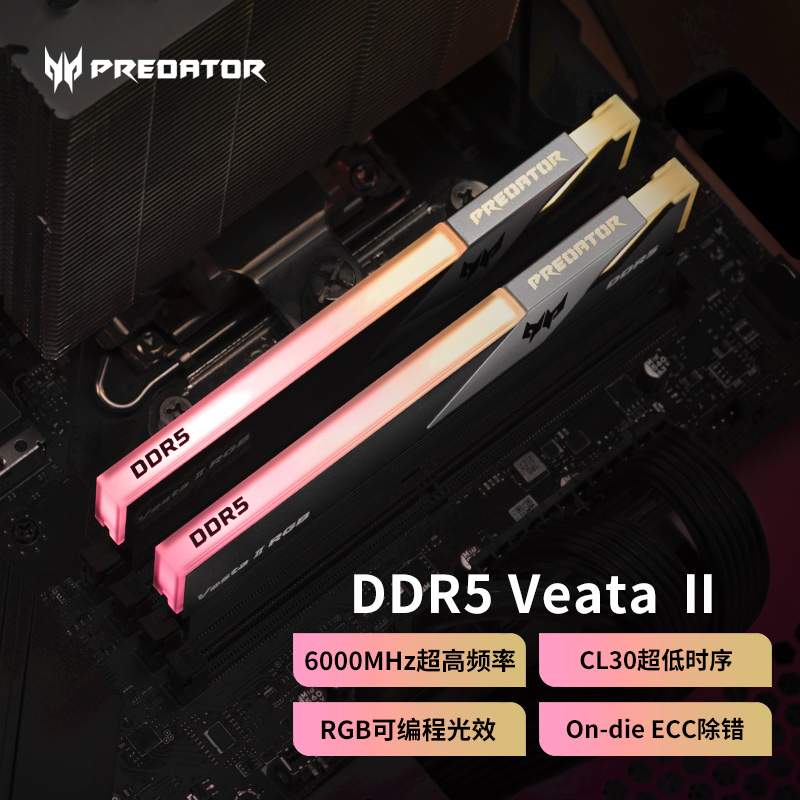 宏碁掠夺者（PREDATOR）64G(32G×2)套装 DDR5 6000频率 台式机内存条 Vesta II 炫光星舰RGB灯条(C30) 石耀黑