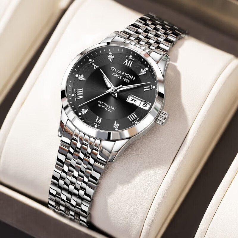 冠琴（GUANQIN）手表男士全自动机械表瑞士名表十大品牌进口机芯夜光防水高端男表 【典藏版】百搭黑色情侣对表【升级进口机芯】