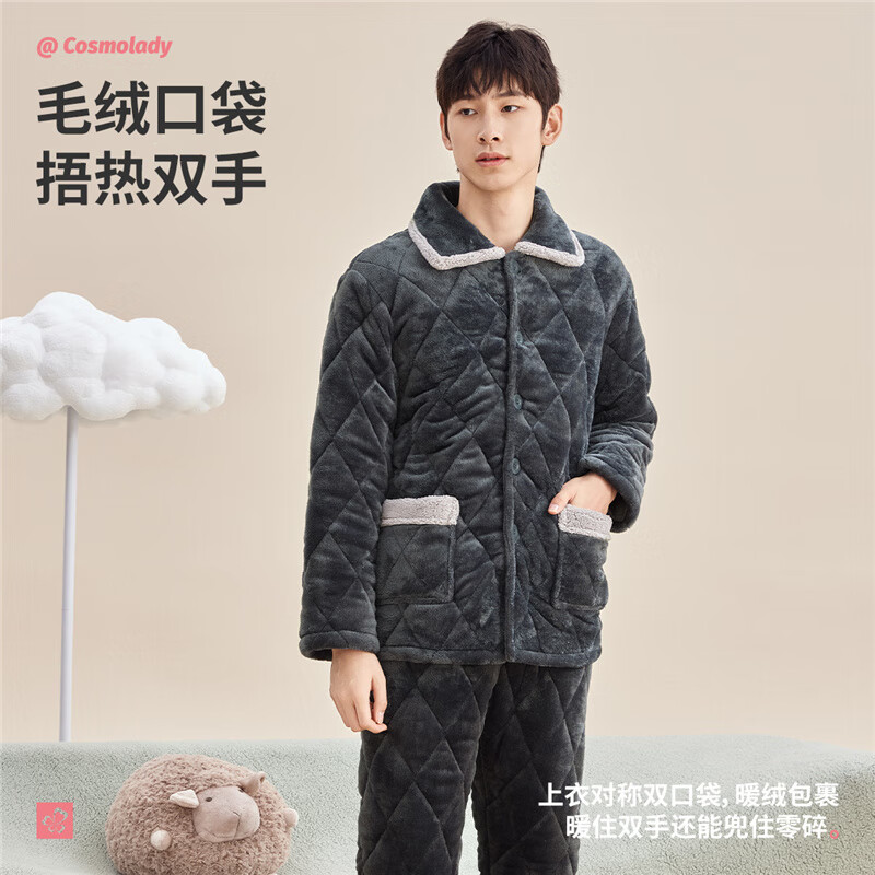 都市丽人睡衣加厚夹棉细密保暖法兰绒翻领简约情侣款家居服套装 蔷薇紫-女款2HT001 4XL