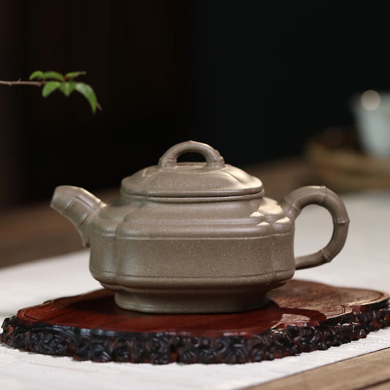 吉羊 宜兴紫砂壶纯全手工茶壶功夫茶具泡茶壶原矿青段泥四方竹鼓320ml
