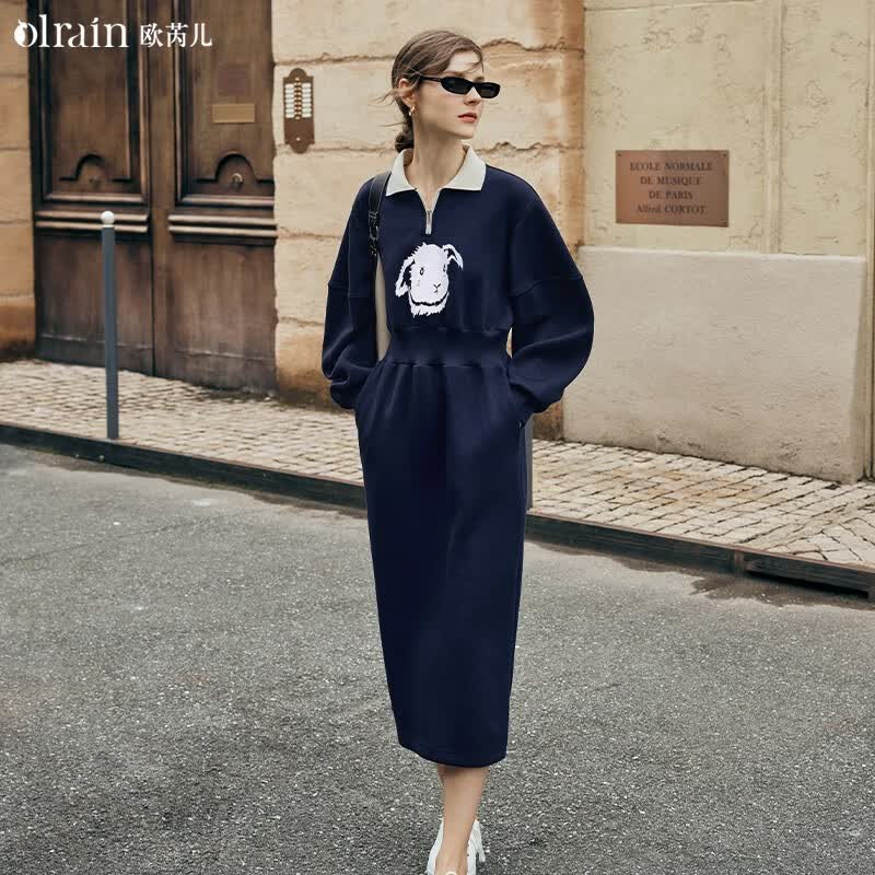 Olrain欧芮儿Polo连衣裙女2023年秋季新款收腰趣味卡通印花卫衣裙 藏青色 M高性价比高么？