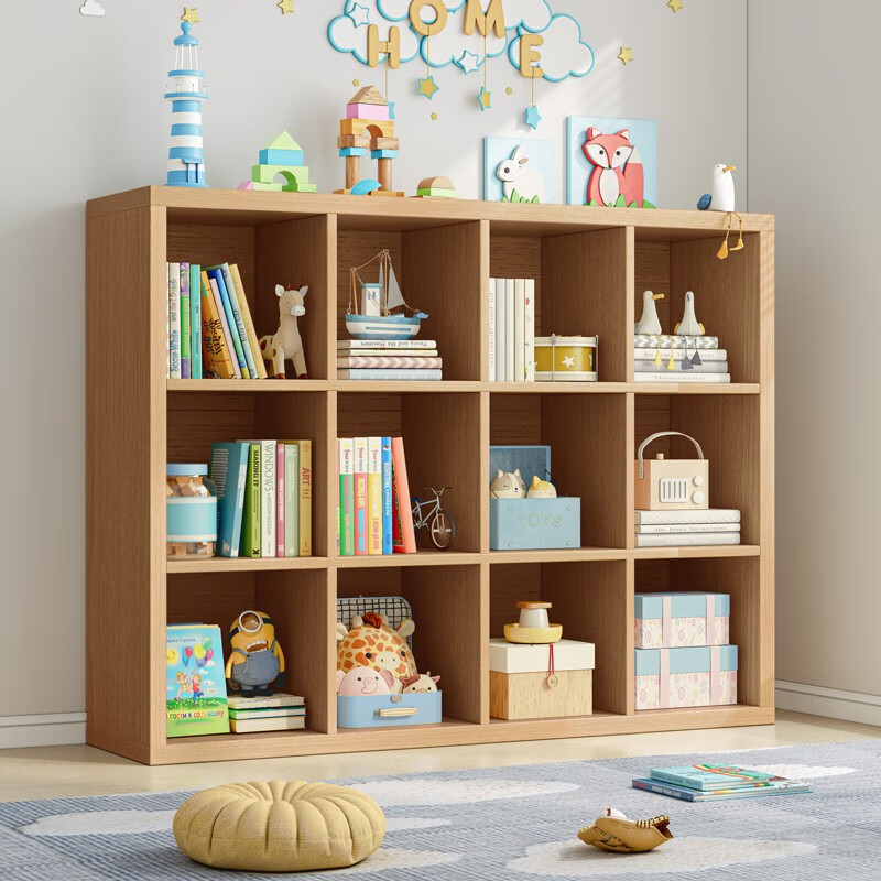 蔓斯菲尔（MSFE）儿童书架置物架书架落地储物格子柜客厅实木色书本收纳矮书柜书架 【12格】120x93cm-原木纹色