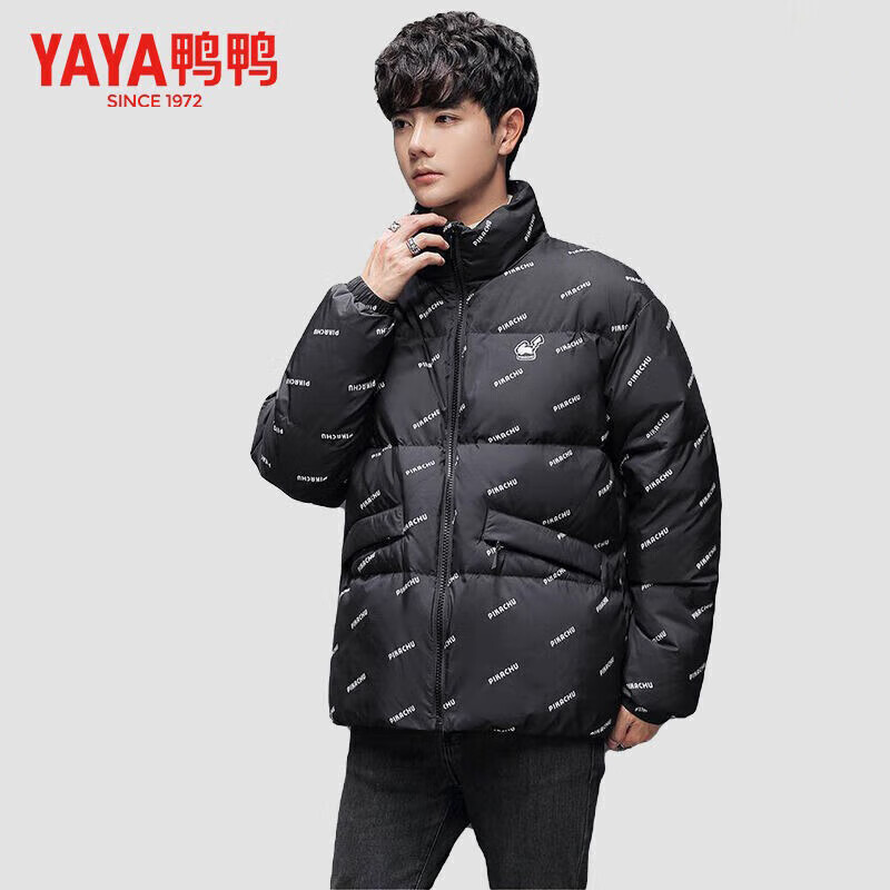 鸭鸭(YAYA)时尚卡通图案2025冬季新款情侣短款宽松羽绒服男女同款时尚外套 黑色 L 【120-145斤】
