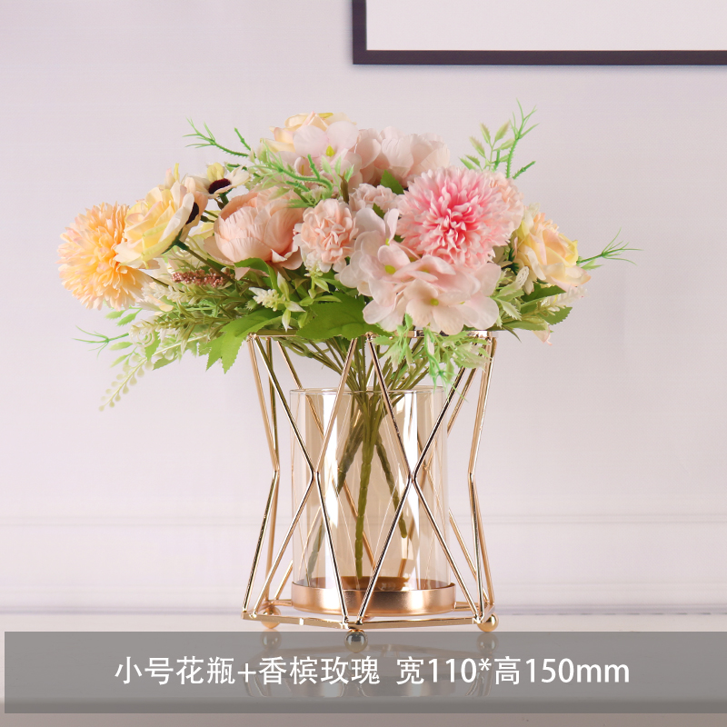 轻奢花瓶摆件客厅工艺品电视柜餐桌创意家居装饰品 小号花瓶 香槟玫瑰