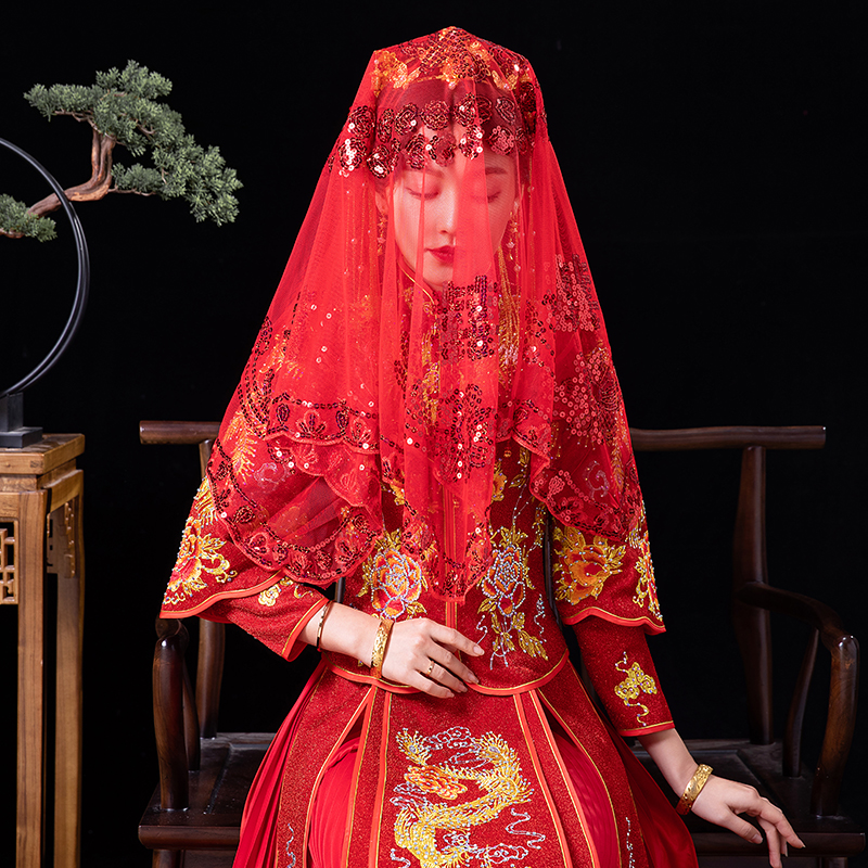 婚庆用品婚庆装饰新娘红盖头亮片结婚盖头结婚秀禾服头纱红色复古盖头