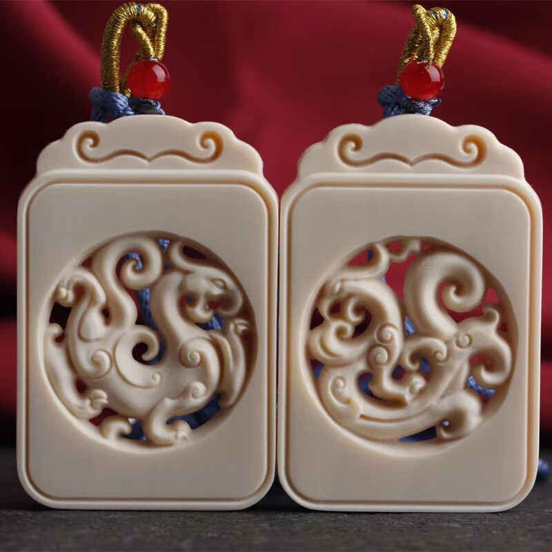 祥源昌猛犸象牙5a冰料满纹牙雕牌子龙凤呈祥无事牌对牌吊坠玩文配饰