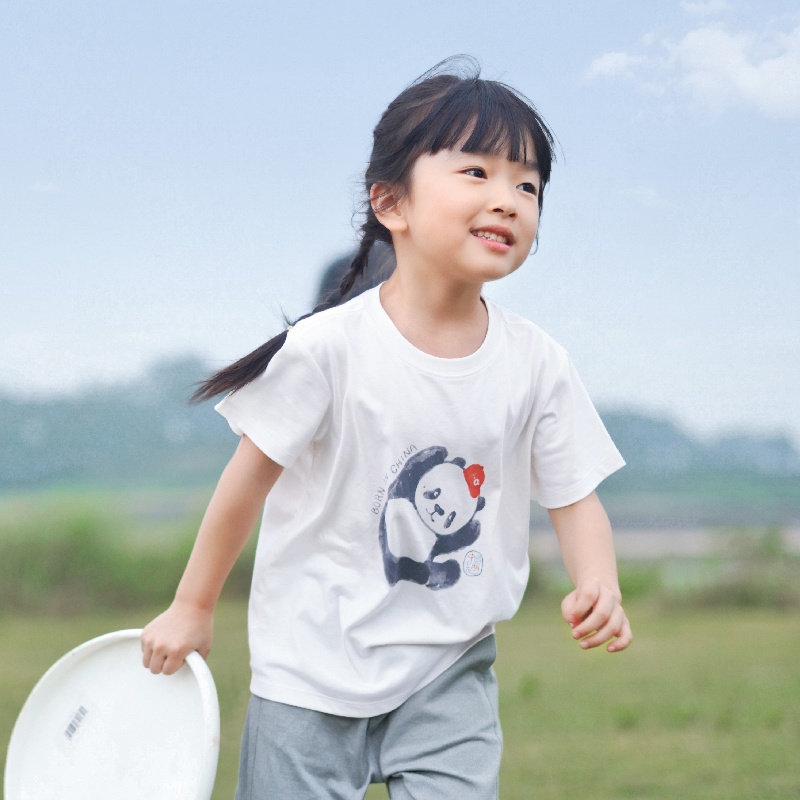 棉系列【新新棉PLUS】凉爽柔软经典熊猫儿童男女童短袖T恤 云朵白 120cm