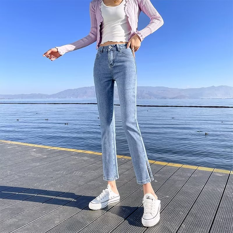 拂色生香两侧开叉牛仔裤女小个子九分小直筒春夏高腰显瘦弹力七八分睡
