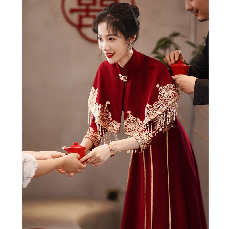 南糖三色 中式敬酒服新娘旗袍酒红色结婚回门晚礼服女长款长袖平时可穿显瘦 酒红色长款 L怎么看?