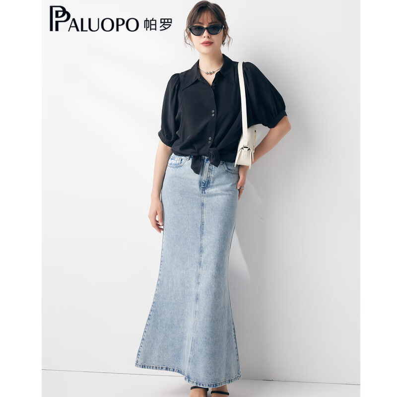 帕罗（PALUOPO）【慵懒气质】夏季季真丝衬衫领质感纯色泡泡袖桑蚕丝女士上装衬衣 黑 M (160/84A)