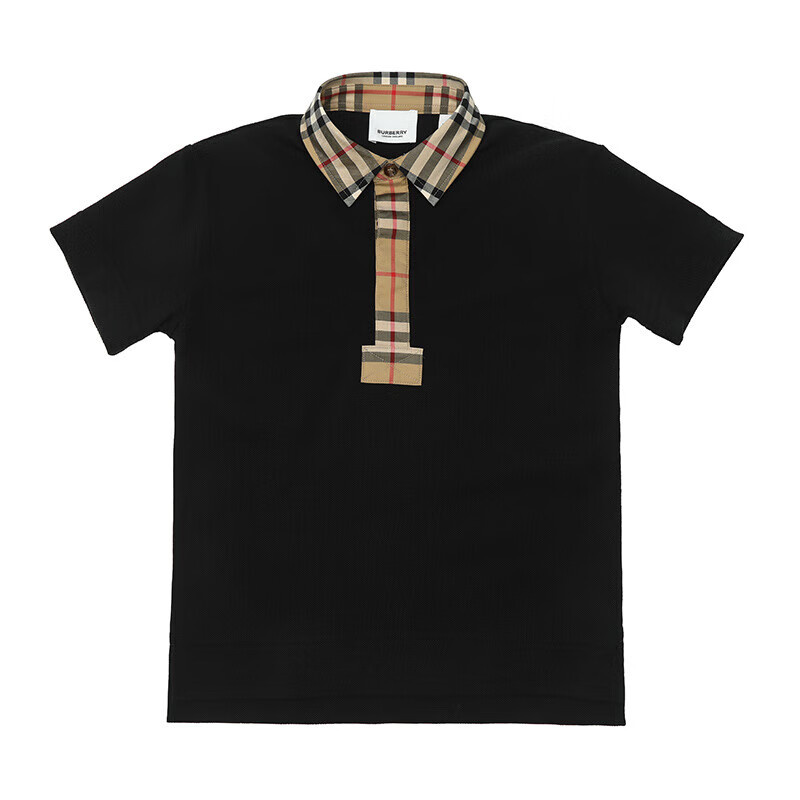 博柏利（BURBERRY）儿童格纹衬衫领棉质男童短袖T恤Polo衫8053654 黑色 128 (8Y)