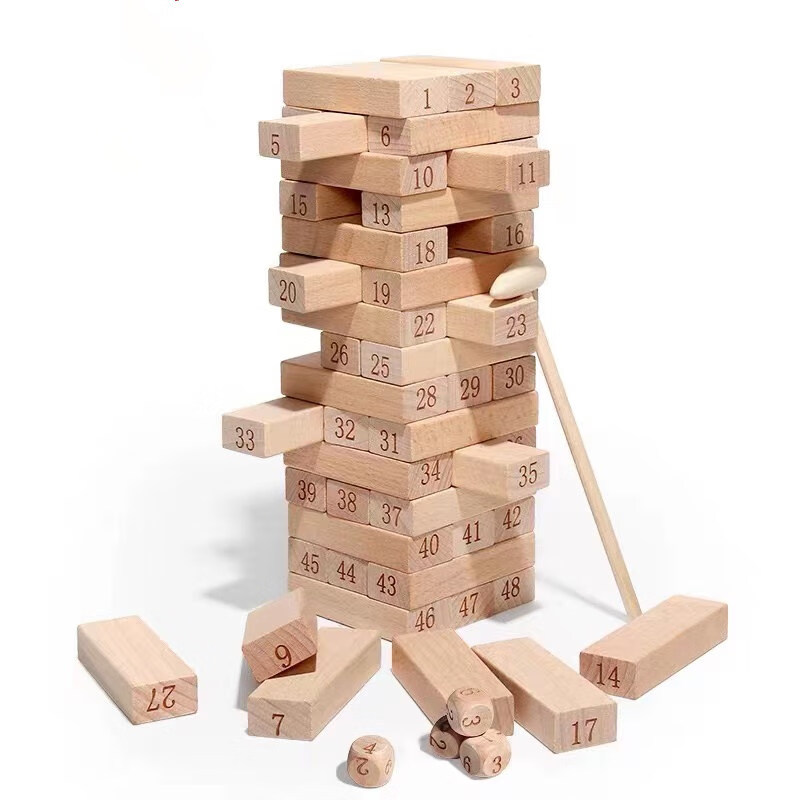 叠高抽木条积木大号儿童层层堆抽抽乐平衡 体验款数字48片 锤子 骰子