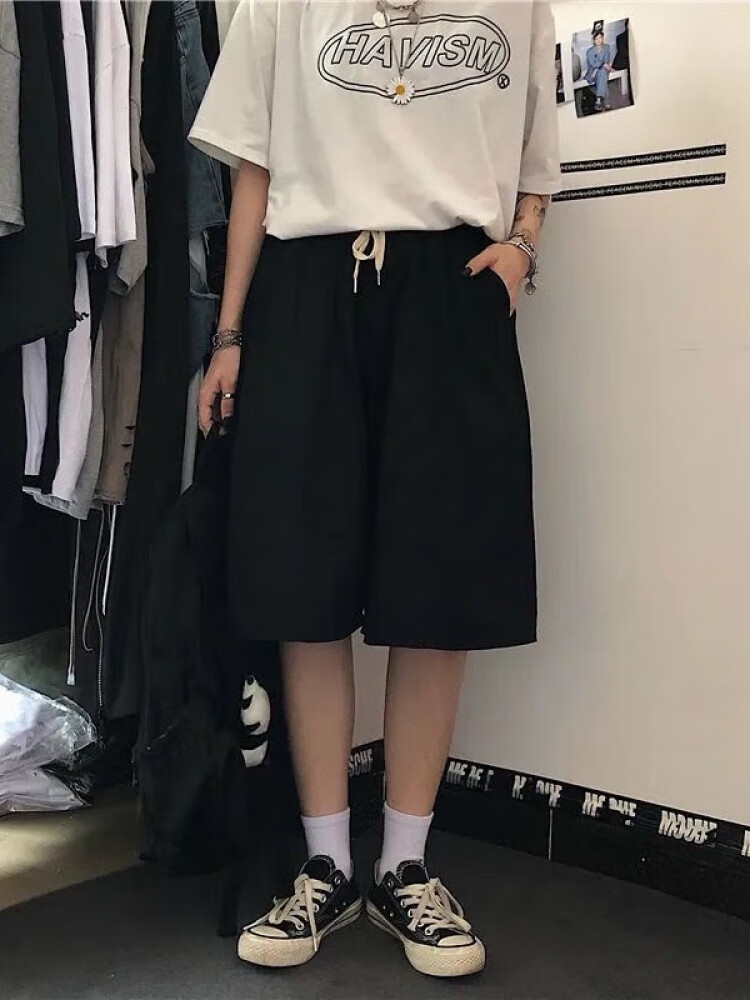 鸿思麟伊(hongsilinyi)棉女夏宽松过膝裤港味韩版直筒裤阔腿裤中裤五