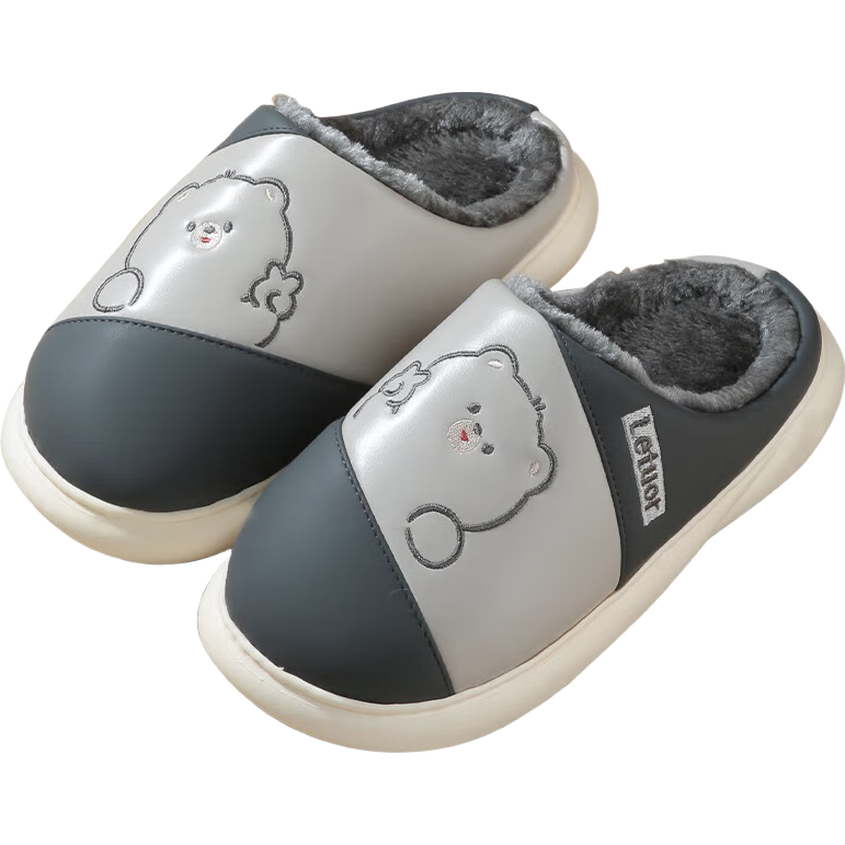 乐拖侧脸熊 棉拖鞋男秋冬季防水保暖厚底棉鞋情侣居家拖鞋 灰色42-43