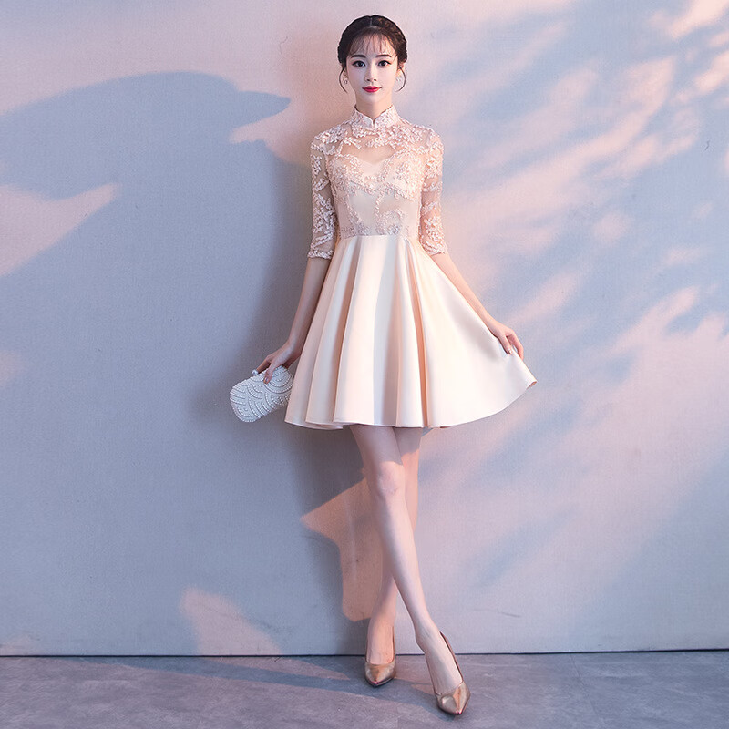 tomms)银灰色伴娘服短款新款韩版学生宴会聚会派对小晚礼服连衣裙女