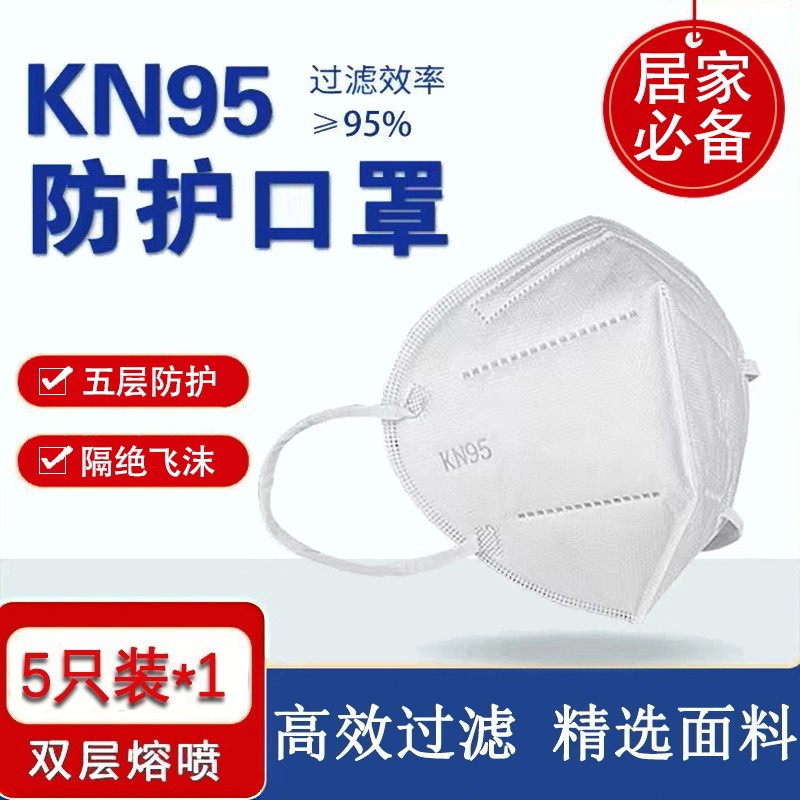 五层加厚白色Kn95口罩民用n95防尘飞沫男女内外置鼻梁带钢印 5只装KN95