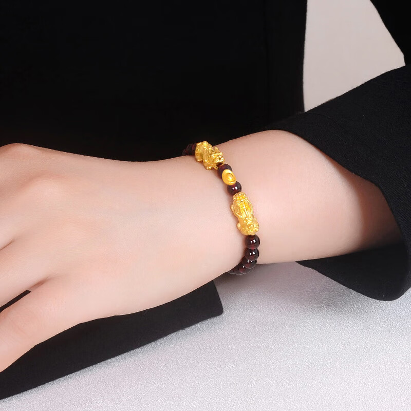 lpez老凤凰黄金石榴石貔貅手链男女转运珠999足金本命年情侣貔恘手串