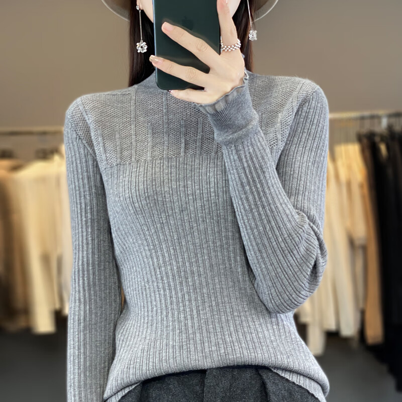 香影纯2025秋冬新款荷叶蕾丝花边半高领打底衫女长袖修身洋气内搭毛衣女 米色 S (建议95斤以内)