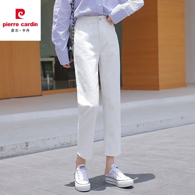 皮尔卡丹(pierre cardin)牛仔裤女装春夏秋季新款韩版高腰韩版显瘦宽松百搭九分直筒烟管裤 白色 XL 【117-128斤】