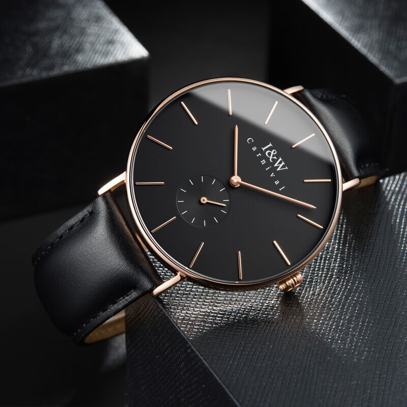 手表包豪斯风格皮带时尚休闲男表防水超薄石英 iw-8848玫金黑盘男款