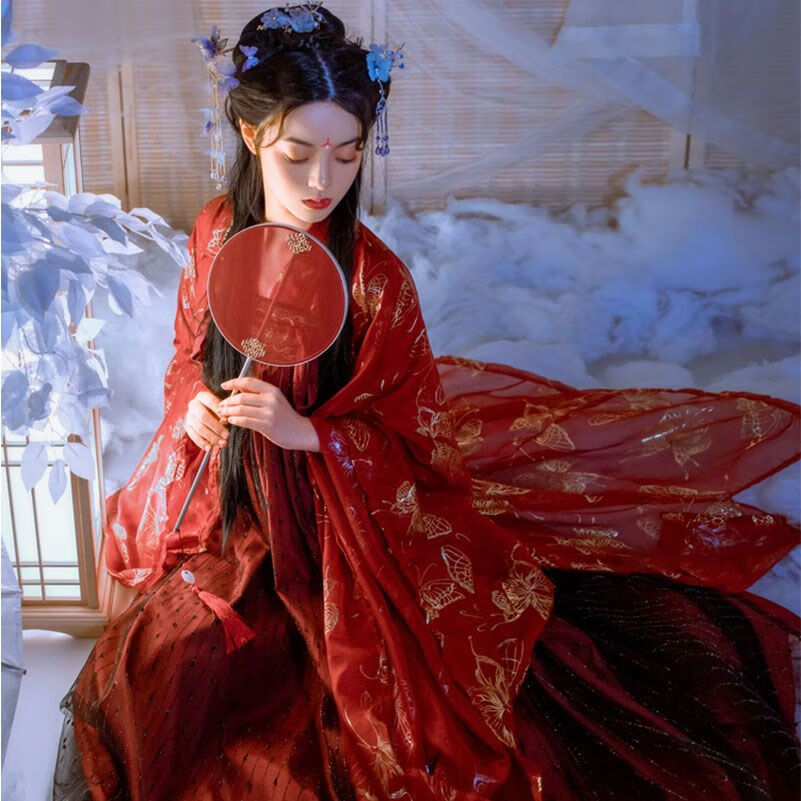 彤瑛汉服成人女小个子鲛人泪学生古装长款超仙齐胸襦裙矮个子夏天 红